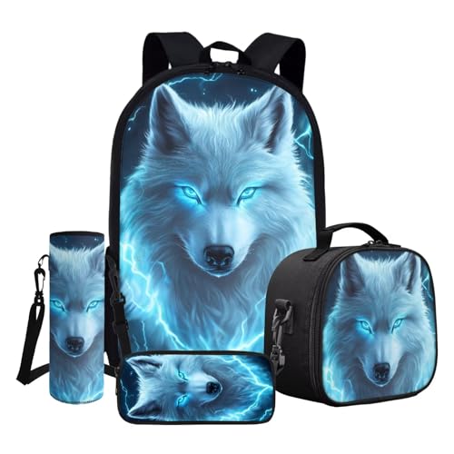 ASQVTIFE Kinder-Rucksack-Set, Schultasche und Lunchtasche mit Federmäppchen, Wasserflaschenhülle, Eiswolf, Einheitsgröße von ASQVTIFE