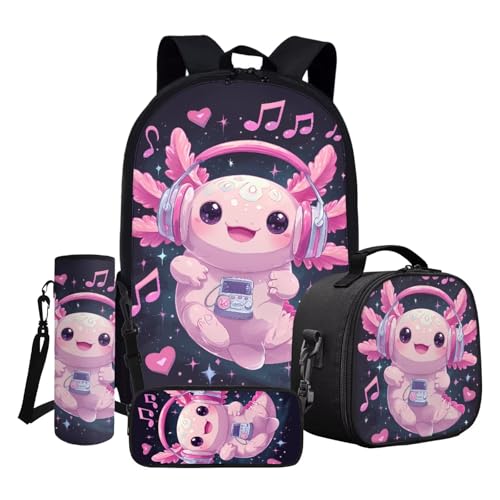 ASQVTIFE Kinder-Rucksack-Set, Schultasche und Lunchtasche mit Federmäppchen, Wasserflaschenhülle, Herz Axolotl, Einheitsgröße von ASQVTIFE