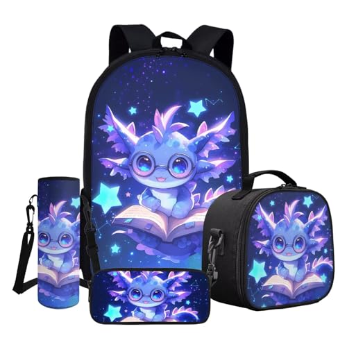 ASQVTIFE Kinder-Rucksack-Set, Schultasche und Lunchtasche mit Federmäppchen, Wasserflaschenhülle, Lila Axolotl, Einheitsgröße von ASQVTIFE