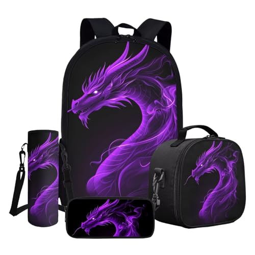 ASQVTIFE Kinder-Rucksack-Set, Schultasche und Lunchtasche mit Federmäppchen, Wasserflaschenhülle, Lila Drache, Einheitsgröße von ASQVTIFE