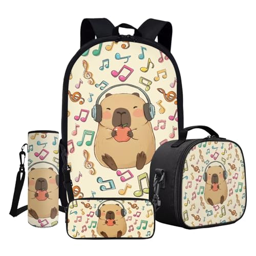ASQVTIFE Kinder-Rucksack-Set, Schultasche und Lunchtasche mit Federmäppchen, Wasserflaschenhülle, Music Capybara, Einheitsgröße von ASQVTIFE