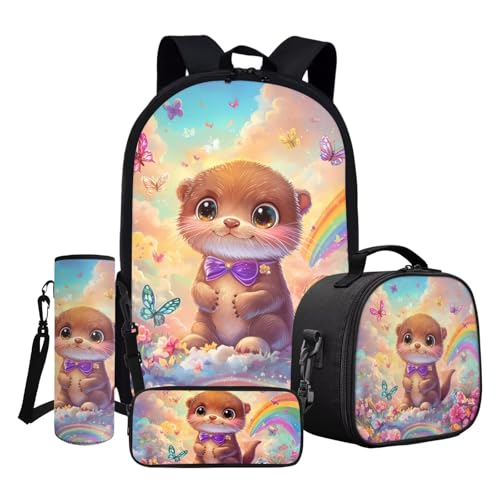 ASQVTIFE Kinder-Rucksack-Set, Schultasche und Lunchtasche mit Federmäppchen, Wasserflaschenhülle, Regenbogen-Otter, Einheitsgröße von ASQVTIFE
