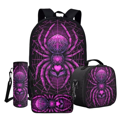 ASQVTIFE Kinder-Rucksack-Set, Schultasche und Lunchtasche mit Federmäppchen, Wasserflaschenhülle, Violette Spinne, Einheitsgröße von ASQVTIFE