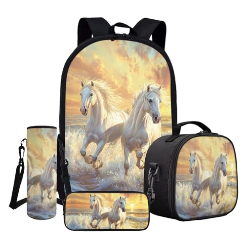ASQVTIFE Kinder-Rucksack-Set, Schultasche und Lunchtasche mit Federmäppchen, Wasserflaschenhülle, Weißes Pferd, Einheitsgröße von ASQVTIFE