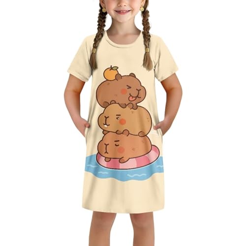 ASQVTIFE Kurzärmeliges Nachthemd mit Rundhalsausschnitt, für Mädchen, niedlich, kurzärmelig, Capybara, 9-10 von ASQVTIFE
