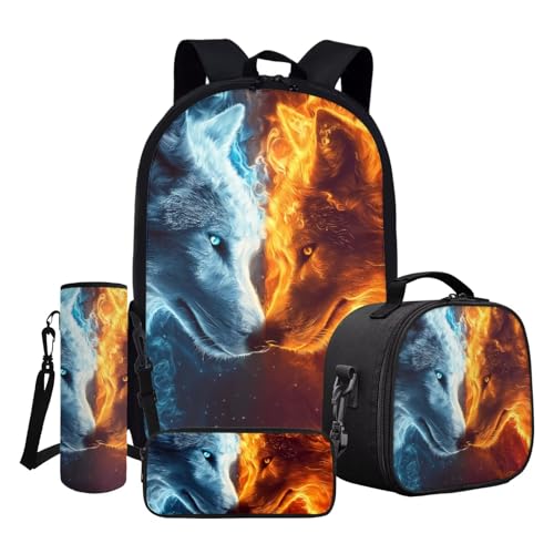ASQVTIFE Schultaschen-Sets für Kinder mit Lunchbox und Wasserflasche, Reiserucksack für kleine Jungen und Mädchen, Feuer-Eiswolf, Einheitsgröße von ASQVTIFE