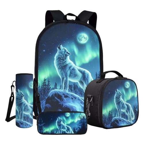 ASQVTIFE Schultaschen-Sets für Kinder mit Lunchbox und Wasserflasche, Reiserucksack für kleine Jungen und Mädchen, Sternennachtwolf, Einheitsgröße von ASQVTIFE