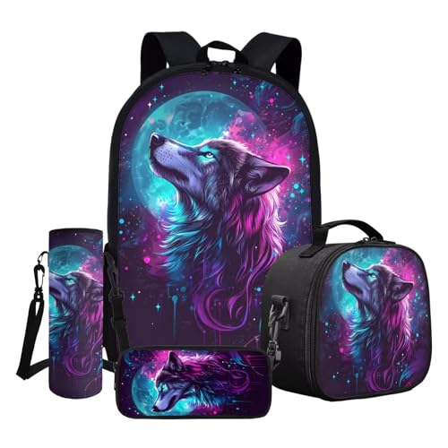 ASQVTIFE Schultaschen-Sets für Kinder mit Lunchbox und Wasserflasche, Reiserucksack für kleine Jungen und Mädchen, Weltraumwolf, Einheitsgröße von ASQVTIFE