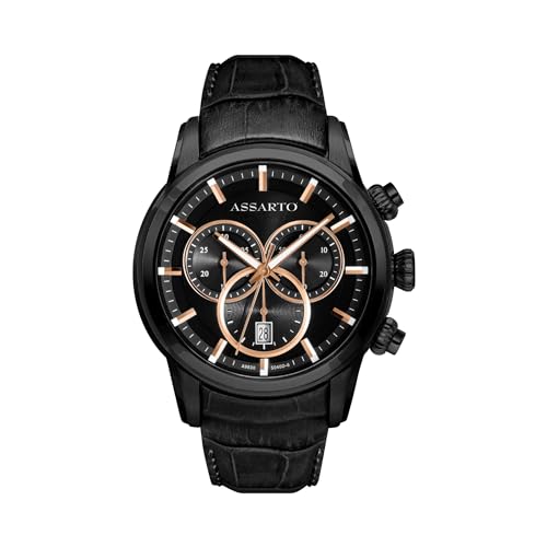 ASSARTO® - Herren Uhr Schwarz 316L Edelstahl Gehäuse & Leder-Armband - Schweizer Quarzwerk - Männer Chronograph Herrenuhr & Armbanduhr (Timekeeper Collection) analog wasserdicht - Watch Men von ASSARTO