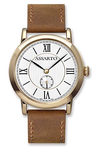 ASSARTO Watches Herrenuhr ASH-4190YS Flache Uhr IP-vergoldet mit braunen Echtlederarmband und Schweizer Uhrwerk von ASSARTO