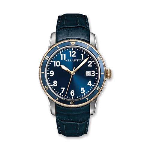 ASSARTO Watches – Herren Uhr Quarzwerk, Oceantime Collection, Gehäuse und Armband aus Edelstahl, Saphirglas, Wasserdicht: 10 ATM (Leder-Blau/Blau-Gold) von ASSARTO