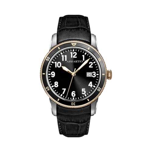 ASSARTO Watches – Herren Uhr Quarzwerk, Oceantime Collection, Gehäuse und Armband aus Edelstahl, Saphirglas, Wasserdicht: 10 ATM (Leder-Schwarz/Gold-Schwarz) von ASSARTO