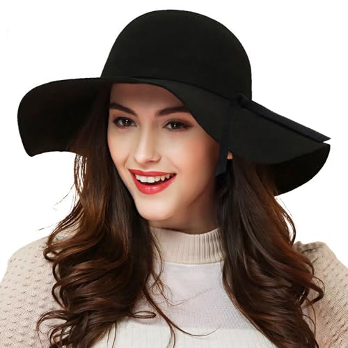 ASSQI Damen-Mütze, 100 % Wolle, faltbar, breite Krempe, Retro-Fedora-Schlapphut, Filz, Schwarz, Einheitsgröße ASSQI Damen-Mütze, 100 % Wolle, faltbar, breite Krempe, Retro-Fedora-Schlapphut, Filz, Schwarz, Einheitsgröße von ASSQI