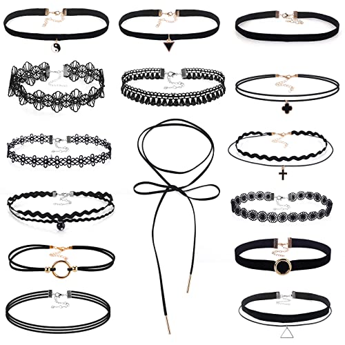 ASTER 15 Stücke Choker Halsband Set Schwarzes Choker Kette Damen Girls Gothic Kragen Spitze Halloween Kostüm Christmas Weihnachten von ASTER