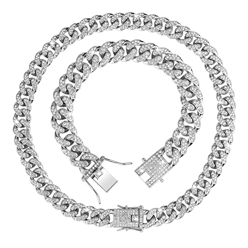 ASTER 2 Stück Kubanische Kette Cuban Link Chain Iced Out Kette Kubanische Kette Kubanische Halskette Armband St rass Verkrustete Halskette Armband Herren Punk Hip Hop Schmuck von ASTER