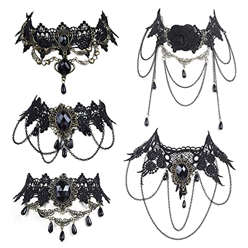 ASTER 5 Stücke Choker Halsband Halloween Spitze Halskette Halskette Set Schwarz Vintage Gothic Spitze Krawatte Viktorianischen Steampunk Gothic Schmuck Party Hochzeit Prinzessin Choker Kette von ASTER