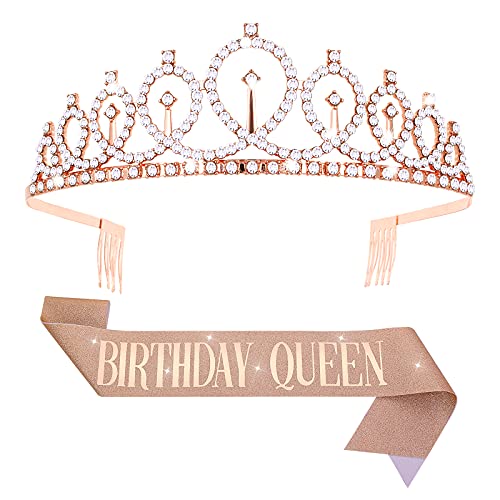 Aster Geburtstags Krone und Schärpe, Rose Gold Strass Geburtstag Tiara Queen Schärpe für Frauen Mädchen, Kristall Tiara Prinzessin Kronen für Alles Gute zum Geburtstag Party Favor von ASTER