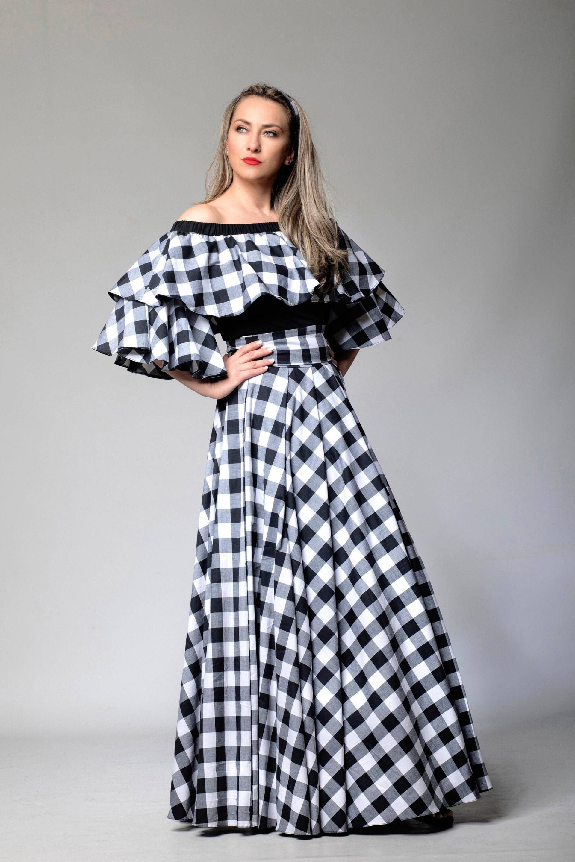 Schwarz Und Weiß Tartan Kleid Kleid, Buffalo Plaid Brautkleid, Elegantes Vollkreis Maxi Sommer Rüschen Lange Abend Sommerkleid von ASTRAEAFASHION