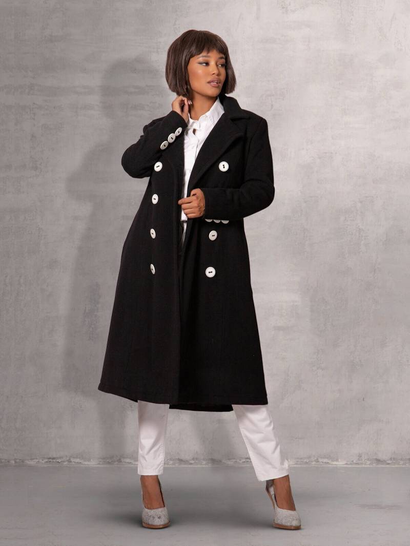 Schwarz-Weiß-Trenchcoat Für Kühles Wetter - A-Line-Mantel Nach Maß Aus Wolle Und Kaschmir Mit Zweireihigem Verschluss Knielangem Mantel von ASTRAEAFASHION