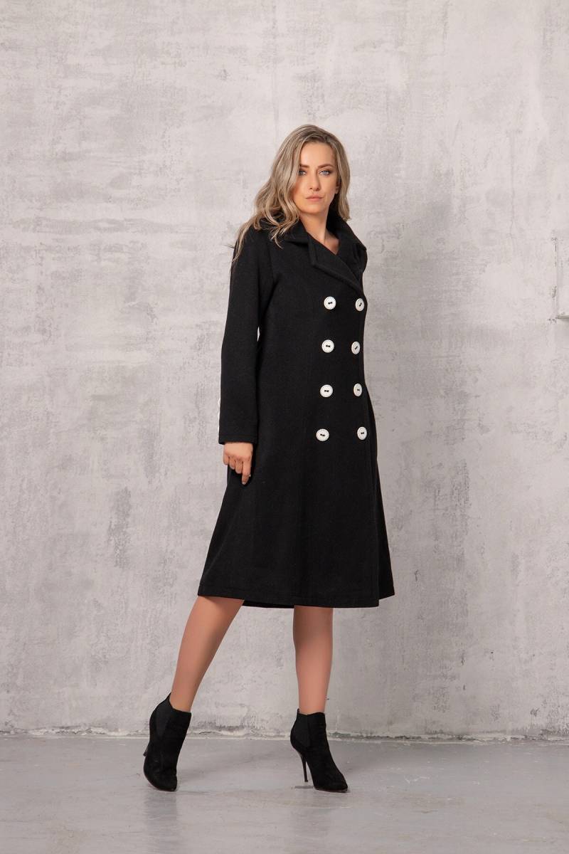 Kaschmir-Wintermantel, Schwarzer Zweireihiger Mantel, Warmer Winter-Maximantel, Übergrößenkleidung, Frauen-Wollmantel, Herbst Und Winter von ASTRAEAFASHION