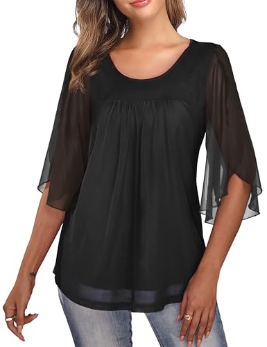 ASUOAgio Damen Übergröße 3/4 Rüschenärmel Blusen Doppellagig Mesh Shirts Tunika Tops L-4XL, Schwarz , XXXXL von ASUOAgio