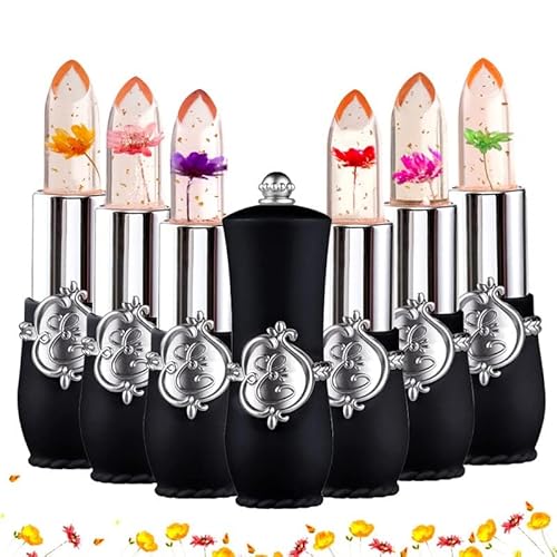 lippenstift mit blume drin Blumenlippenstift für Frauen, Lippenstift, Gelee-Lippenstift für Farbwechsel Lippenstift für Frauen Make-up Kosmetik für Frauen Lipgloss (schwarzes Set, 6 in 1) von ASUSO