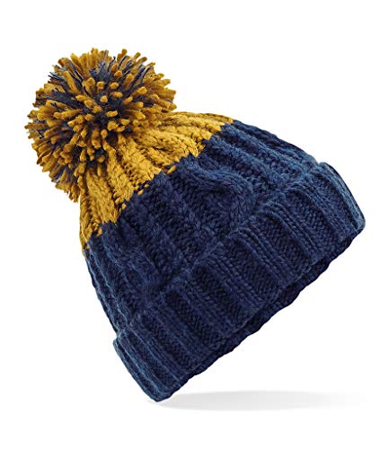 ASVP Shop Strickmütze mit Korkenzieher-Zopfmuster, einfarbig, für Herren und Damen, warme Wintermütze, Oxford Marineblau/Senffarben, M/Einheitsgröße von ASVP Shop