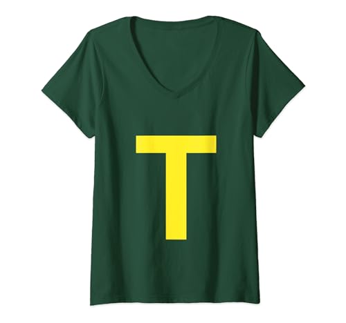 Damen Buchstabe T in Gelb, Theodore Chipmunk Kostüm Fasching T-Shirt mit V-Ausschnitt von ASVP Shop