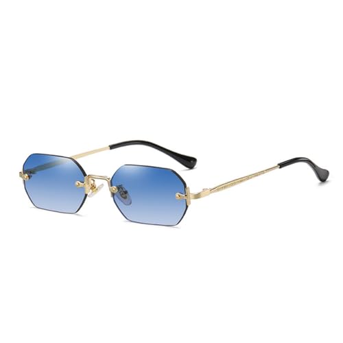 ASYHV Rechteckig Rahmenlose Sonnenbrille Damen Herren Retro Design Leichte Polygon-Spiegelgläser UV400 Schutz (Gold/Gradient Dunkelblau) von ASYHV
