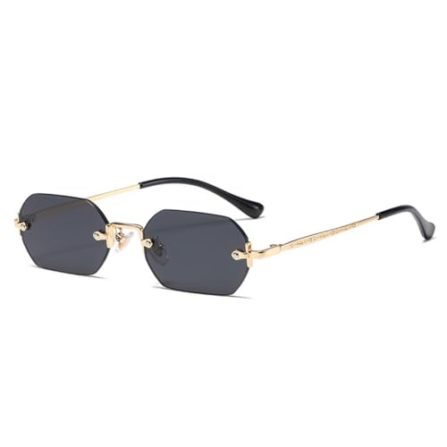 ASYHV Rechteckig Rahmenlose Sonnenbrille Damen Herren Retro Design Leichte Polygon-Spiegelgläser UV400 Schutz (Gold/Grau) von ASYHV