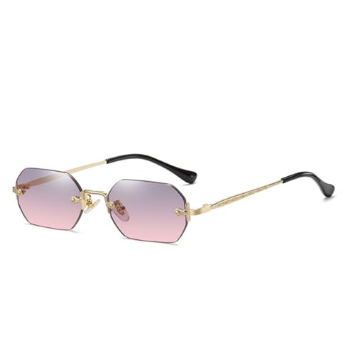 ASYHV Rechteckig Rahmenlose Sonnenbrille Damen Herren Retro Design Leichte Polygon-Spiegelgläser UV400 Schutz (Gold/Grau Rosa) von ASYHV