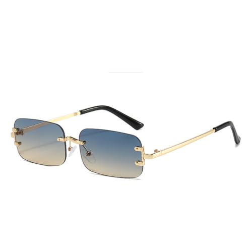 ASYHV Vintage Rechteckige Randlose Sonnenbrille Frauen Männer Leichter Metallrahmen Unisex Design Für Mode Outdoor UV Schutz (Gold/Grün Gelb) von ASYHV