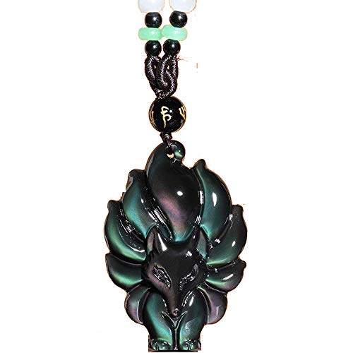 ASZHQUXIUAS Feng Shui Jade Halskette für Damen und Herren Halskette mit Anhänger aus natürlichem Obsidian neunschwänzigem Fuchs, Modeschmuck, 46 x 32 mm, 1 Stück von ASZHQUXIUAS