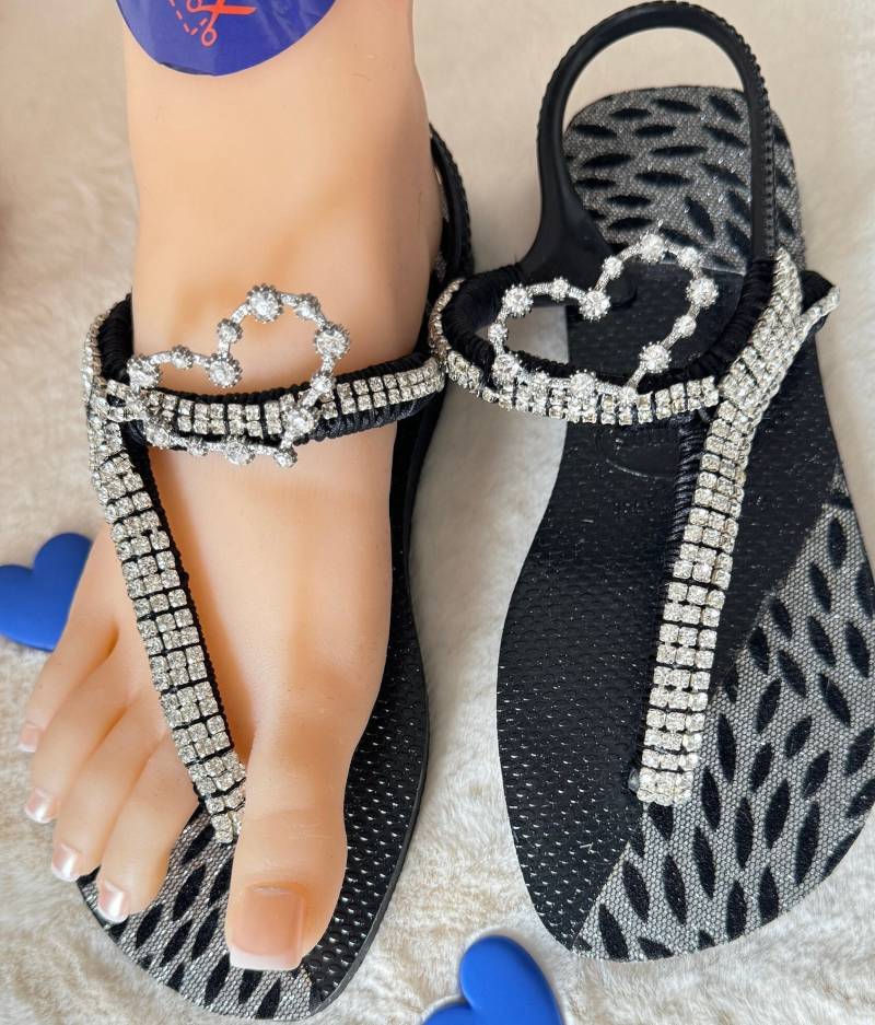 Handverzierte Original Havaianas - Unikat Personalisiert Flip Flops Bling Mit Kristallen Und Ziersteinen Schwarz Sparkle Sandalen von ASandalendelux