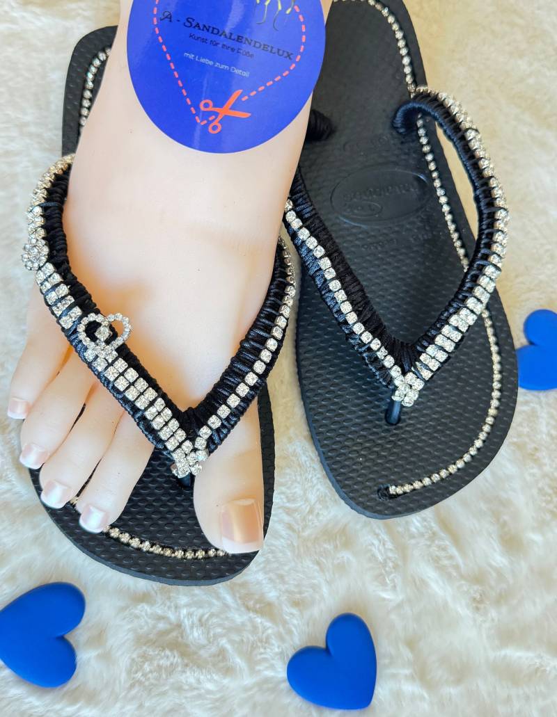 Handverzierte Original Havaianas - Unikat Personalisiert Flip Flops Bling Mit Kristallen Und Ziersteinen Schwarz Sparkle Sandalen von ASandalendelux