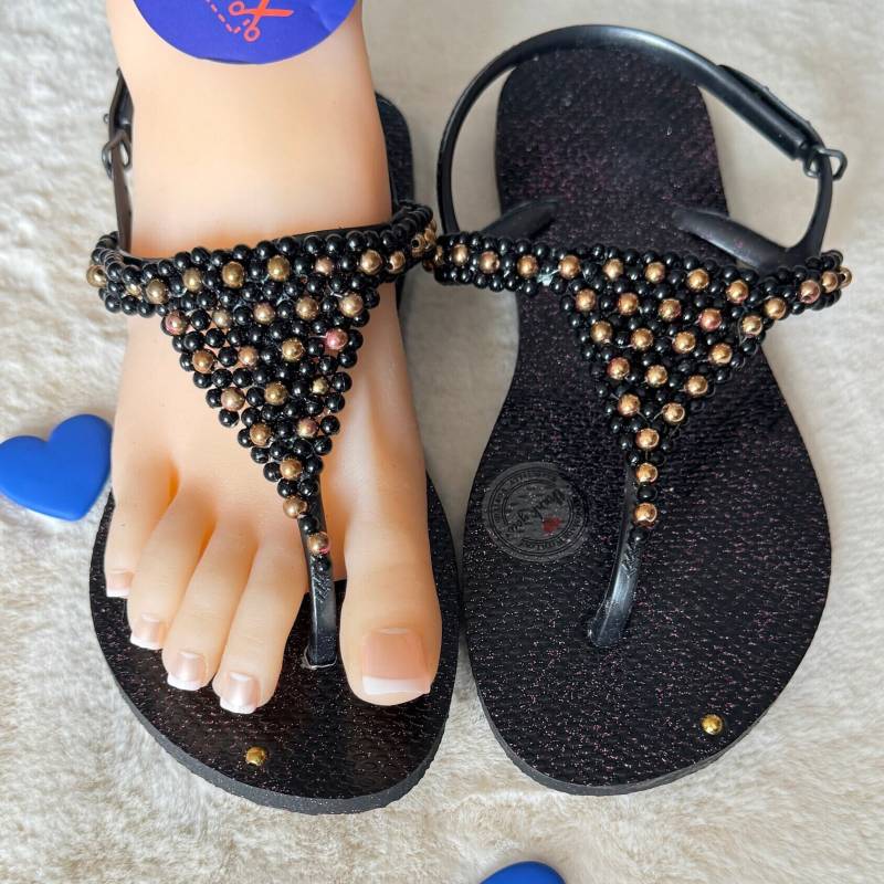 Handverzierte Original Havaianas - Unikat Personalisiert Flip Flops Bling Mit Perlen Und Ziersteinen Schwarz Sparkle Sandalen von ASandalendelux