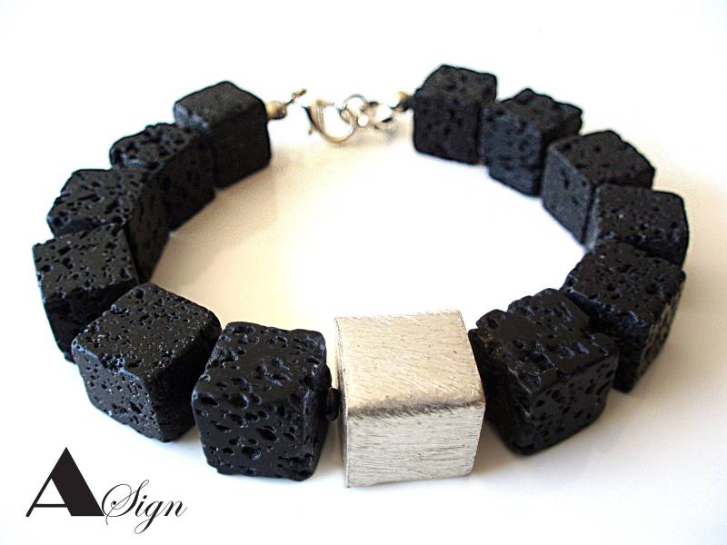 A Sign Abendstern Lava Stein Würfel Schwarz Damen Armband 925Er-Silber Element Gebürstet Karabiner Verschluss Verstellbar von ASignSchmuckDesign