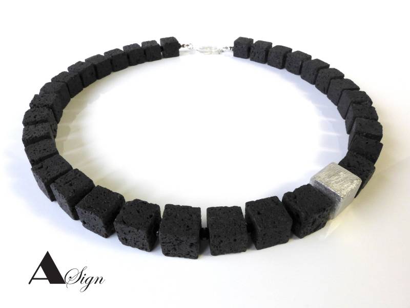 A Sign Abendstern Nr.2 Lava Stein Würfel Schwarz Damen Halskette/Kette Silbernes Element Gebürstet, Schmuck-Schieße von ASignSchmuckDesign