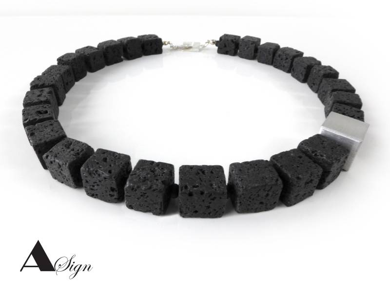 A Sign Abendstern Nr.3 Lava Stein Würfel Schwarz Damen Halskette/Kette Aluminium Element Gebürstet Schmuck-Schließe von ASignSchmuckDesign