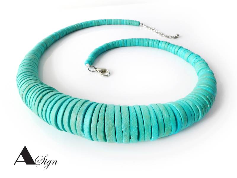 A Sign Coco Kokos-Holz Scheiben Damen Kette/Halskette Türkis/Grün Karabiner-Verschluss Verstellbar von ASignSchmuckDesign