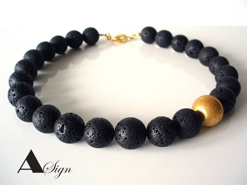 A Sign Designluna Nr.4 Lava-stein 16 Mm Damen Halskette Kugel Gebürstet Schwarz/Gold Schiebeverschluss 925Er-Silber 18Karat Vergoldet 20Mm von ASignSchmuckDesign