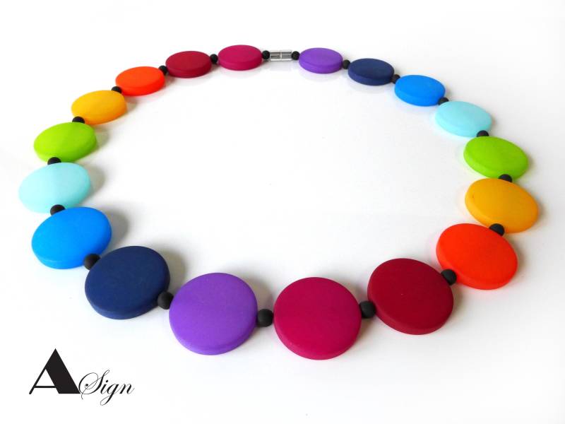 A Sign Design Over The Rainbow Regenbogen Damen Kette Halskette Magnet-Verschluss Polaris-Coins Perlen Bunt von ASignSchmuckDesign