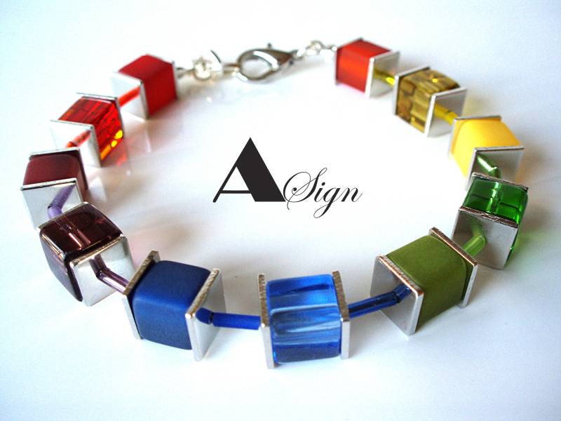 A Sign Flowers Regenbogen Polaris Und Kristall-Glas Würfel-Damen Armband Karabiner-Verschluss Verstellbar Silber /Bunt von ASignSchmuckDesign