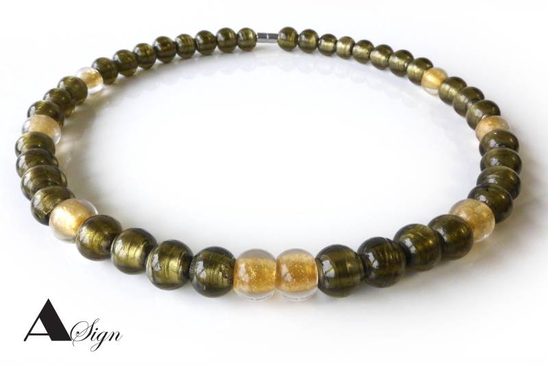 A Sign Golden Desert Murano-Art Glas, Silberfolie Damen Halskette, Kette Collier Grau Gold, Magnetverschluss von ASignSchmuckDesign