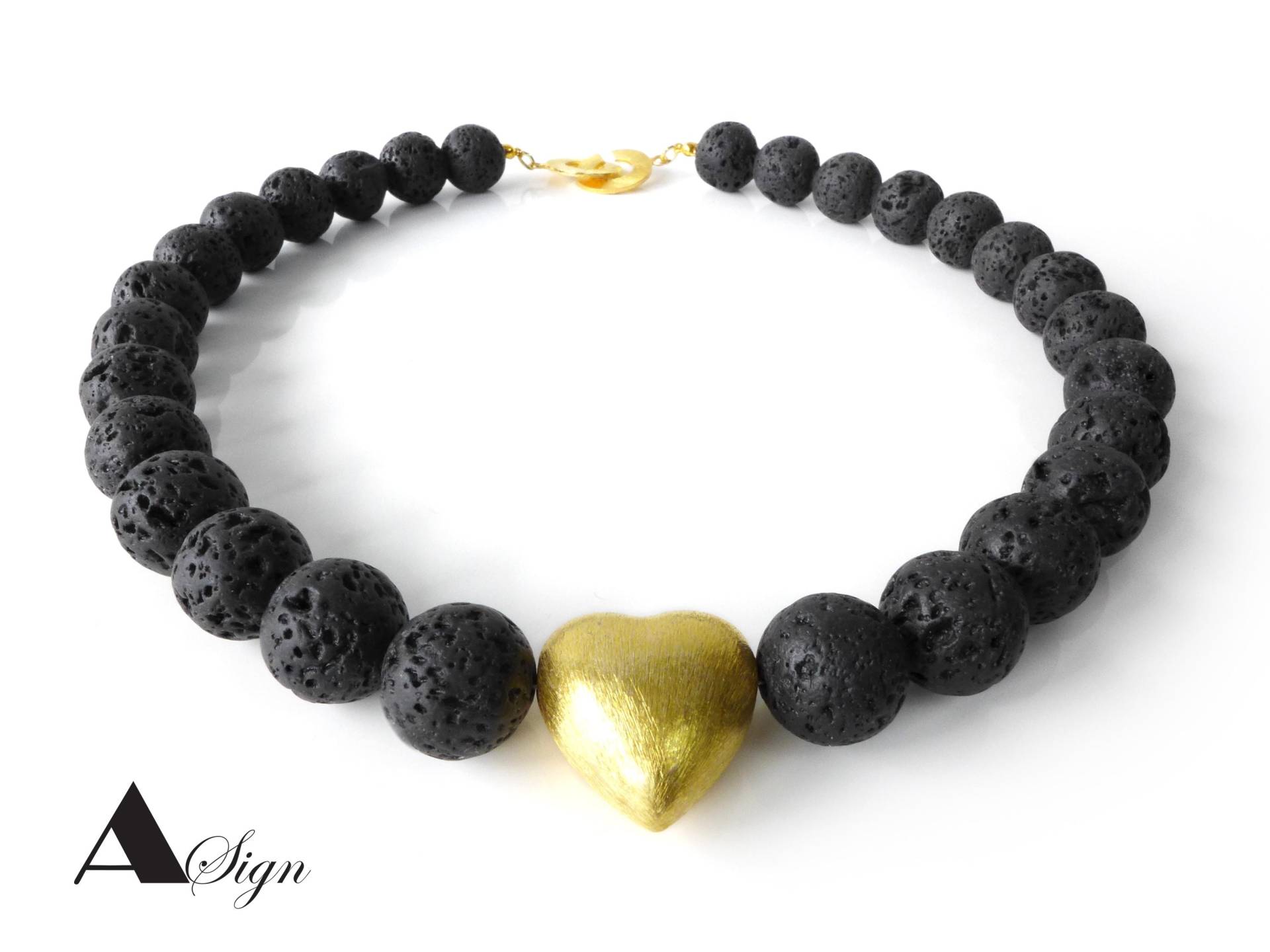 A Sign Golden Heart Lava-Kugel 16mm Herz 925 Silber 18K Vergoldet 24mm Damen Kette/Halskette Schwarz/Gold Schiebeverschluss von ASignSchmuckDesign