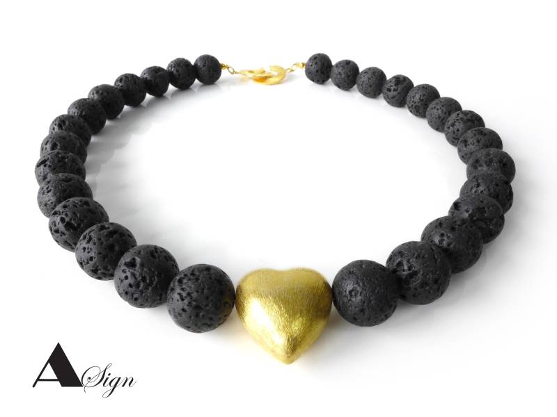 A Sign Golden Heart Lava-Kugel 16mm Herz 925 Silber 18K Vergoldet 24mm Damen Kette/Halskette Schwarz/Gold Schiebeverschluss von ASignSchmuckDesign