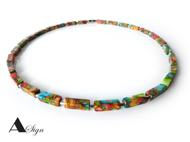 A Sign Jaspis Square Halb-Edelstein, Picasso Jaspis Damen Perlen/Rechteck Kette, Halskette Bunt Edelstahl-Spacer, Magnet-Verschluss von ASignSchmuckDesign