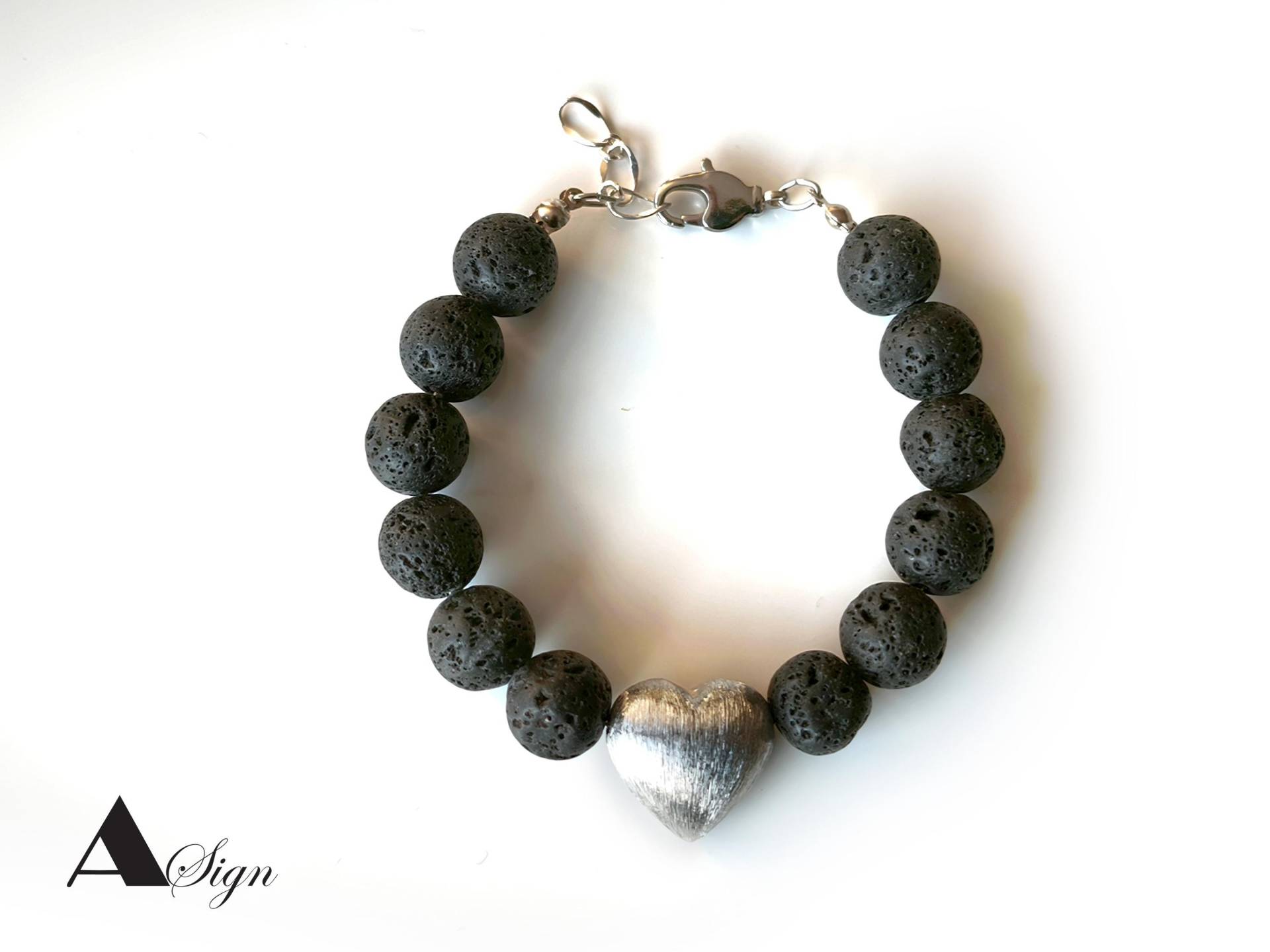 A Sign Little Heartbeat Lava-Kugel 12 Mm Herz 925 Silber 20 Damen Armband Schwarz/Silber Karbinerverschluss von ASignSchmuckDesign