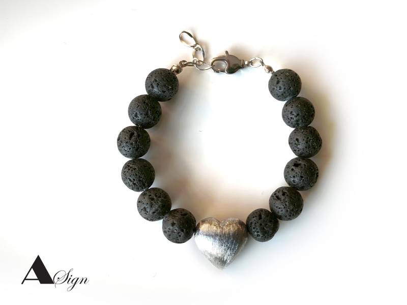 A Sign Little Heartbeat Lava-Kugel 12 Mm Herz 925 Silber 20 Damen Armband Schwarz/Silber Karbinerverschluss von ASignSchmuckDesign