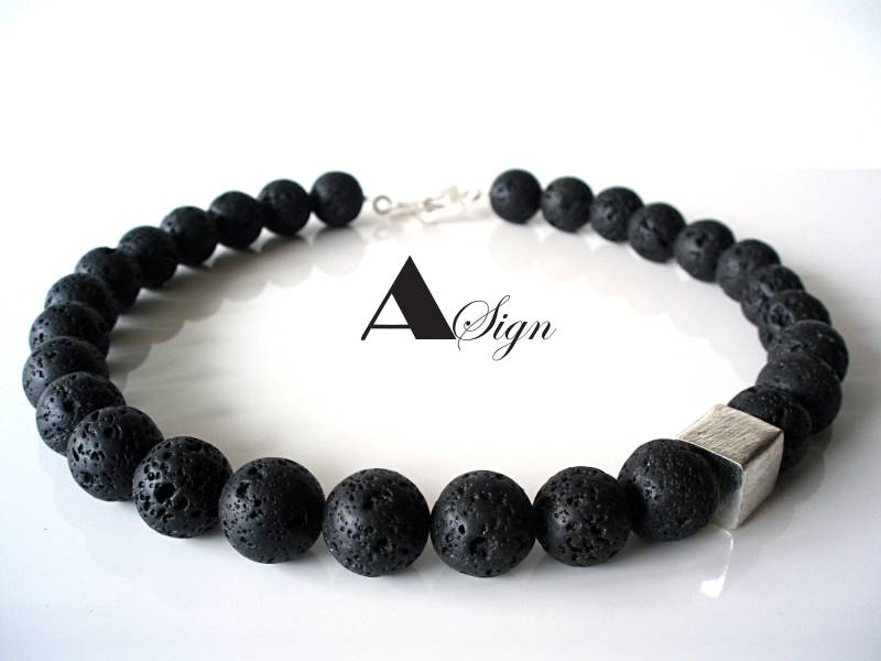 A Sign Obsession Lava Stein Perlen Damen Halskette/Kette/Collier 925 Silber Würfel Gebürstet Schwarz Schmuck Schließe von ASignSchmuckDesign